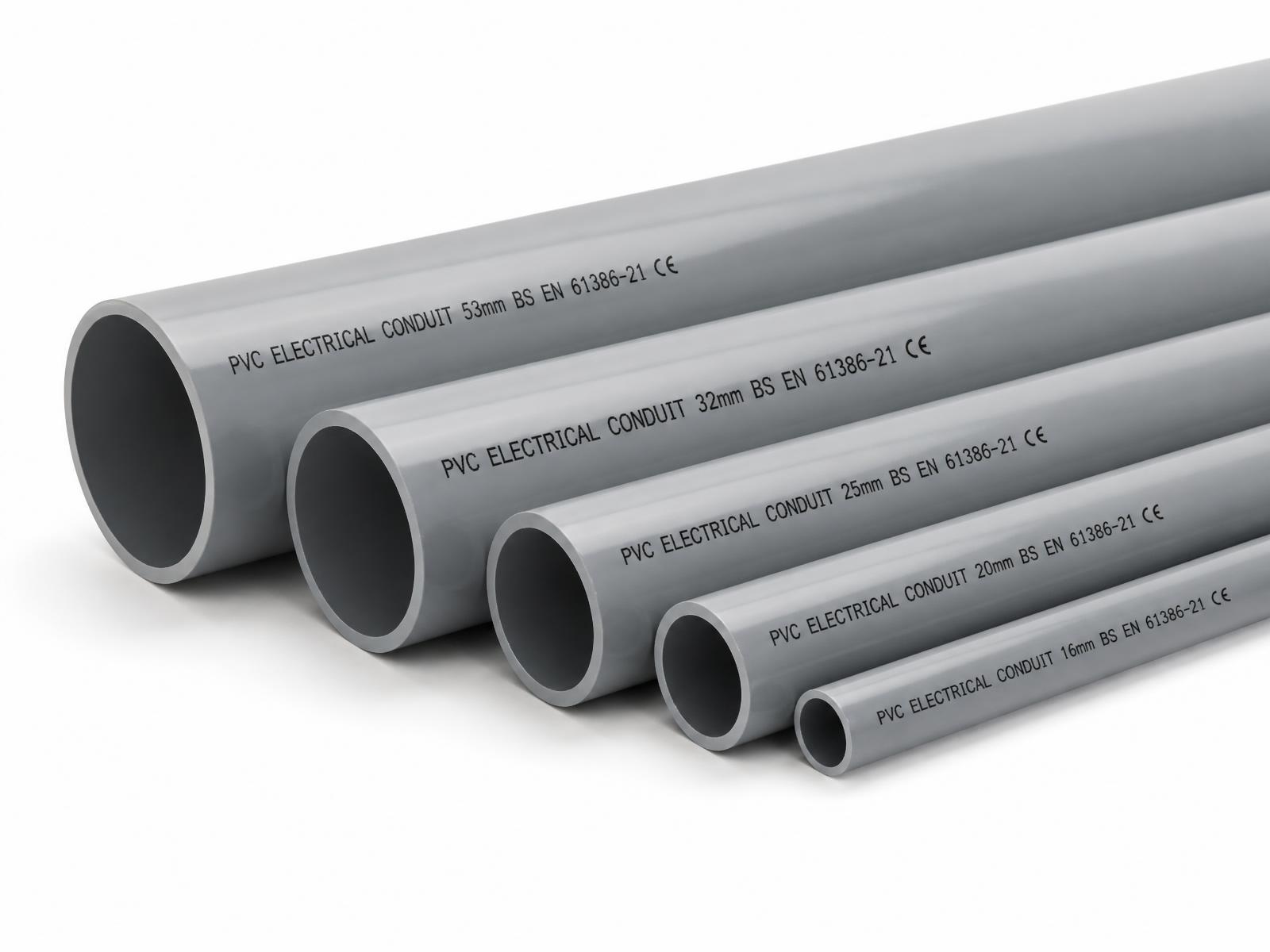 Rigid grey PVC electrical conduit pipe in five diameters